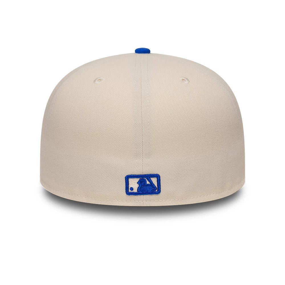 New York Yankees MLB League Essential Cream & Blue New Era 59FIFTY Fitted Cap, rear view showing the blue embroidered MLB Batterman logo centred on the cream back panels, with a matching blue top button and eyelets.