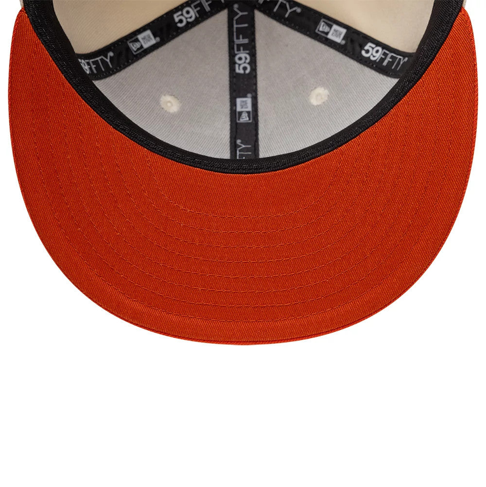 New York Yankees MLB League Essential Cream & Orange New Era 59FIFTY Fitted Cap, inside view showing black 59FIFTY branded taping along the seams, a orange undervisor, and a contrasting black sweatband around the interior edge.