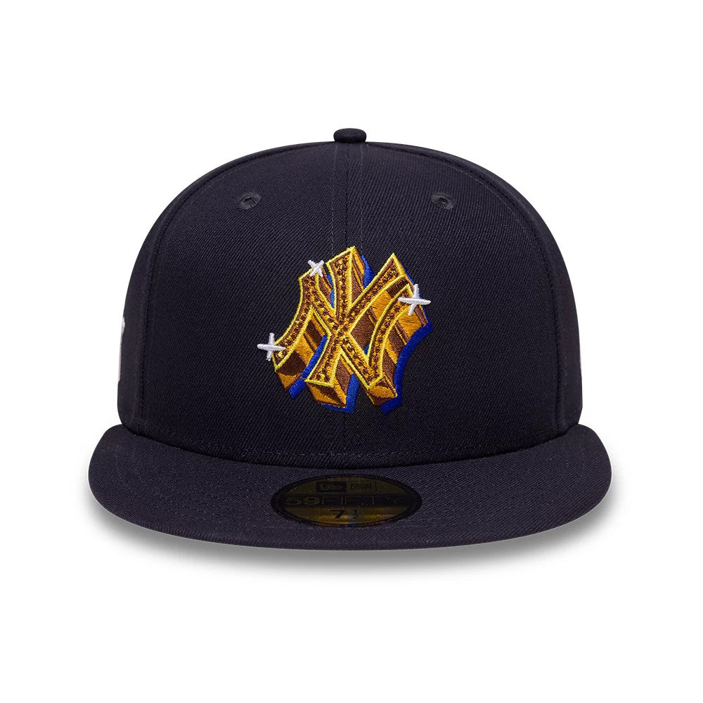New York Yankees MLB Emblem Navy New Era 59FIFTY Fitted Cap, front view showing a raised embroidered team logo in gold and blue with star details on the navy crown, featuring a black flat visor and black 59FIFTY size sticker.