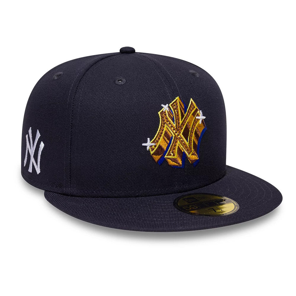 New York Yankees MLB Emblem Navy New Era 59FIFTY Fitted Cap, front view showing the gold and navy detailed raised embroidery of the Yankees logo on the front panel, a gold 59FIFTY size sticker on the visor, and a white side logo.