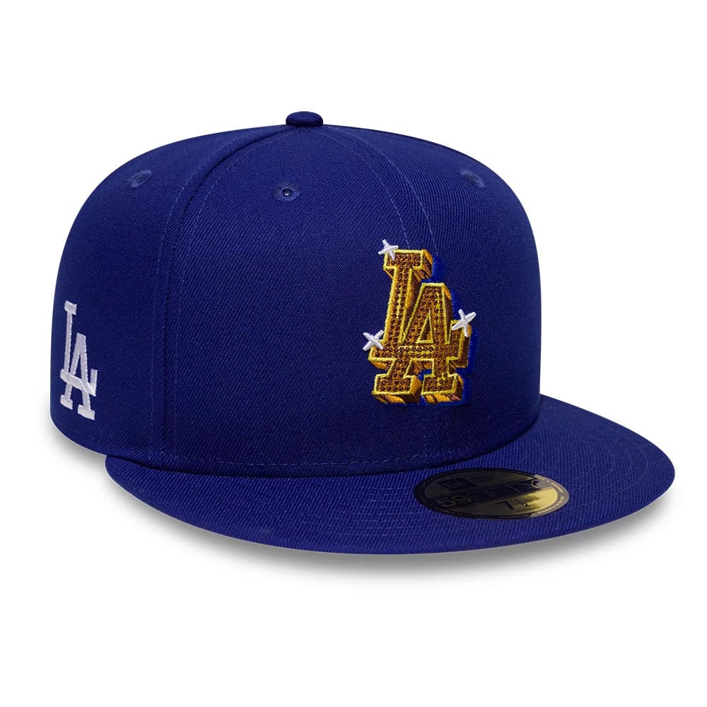 Pictured is this MLB Emblem LA Dodgers 59FIFTY Fitted cap in dark blue. 1