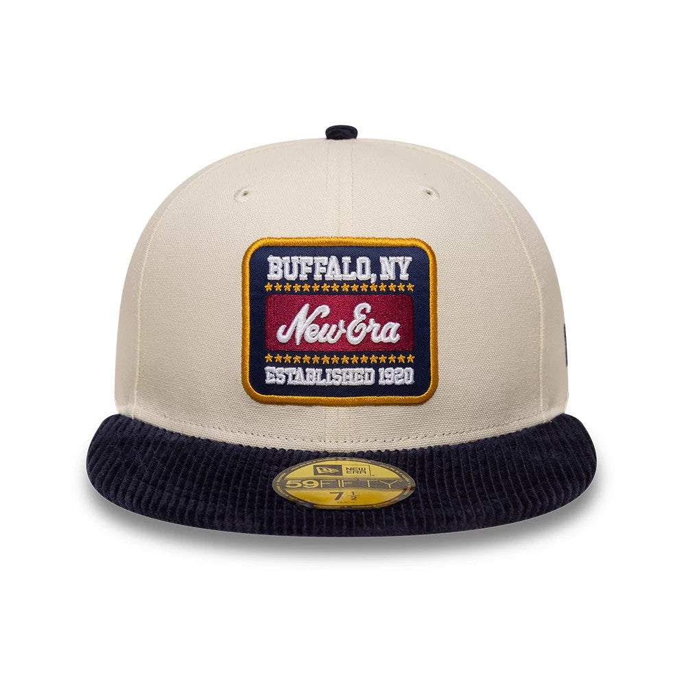 New Era Patch Cord Cream & Black 59FIFTY Fitted Cap, front view showing a rectangular embroidered patch with BUFFALO, NY and New Era text in cream, set above a black corduroy visor with a gold 59FIFTY size sticker.