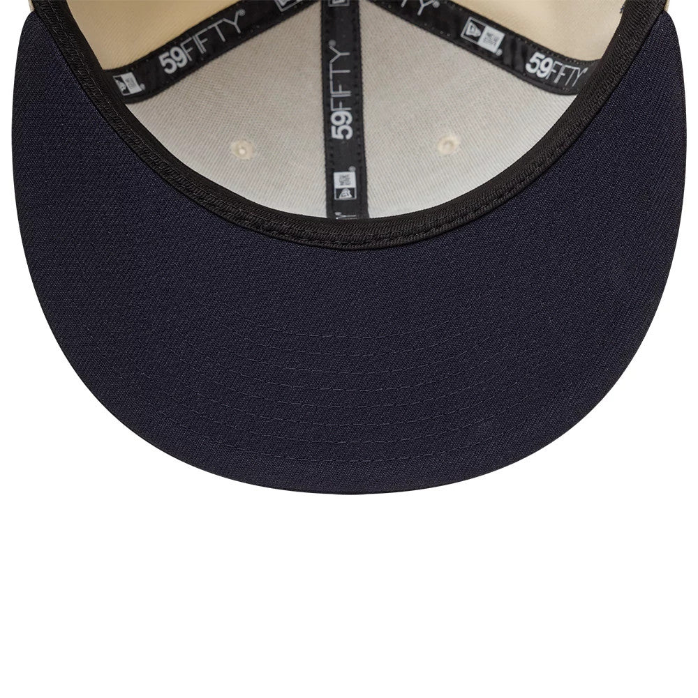 Pictured is this MLB Side Script New York Yankees 59FIFTY Fitted cap in cream & navy. 6