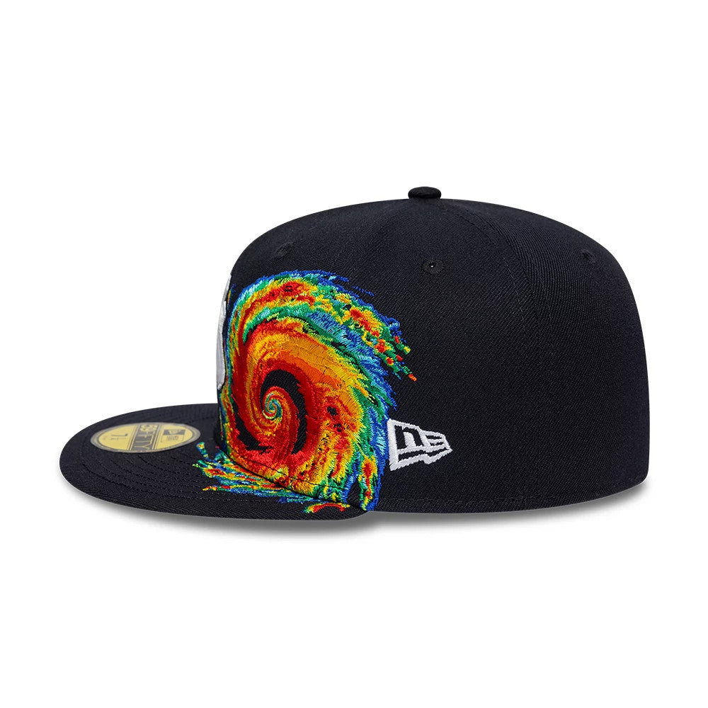 New York Yankees MLB Storm Pattern Navy New Era 59FIFTY Fitted Cap, side view showing an intricately embroidered multicoloured storm graphic swirling across the front panel and visor, with the New Era flag logo on the left side.