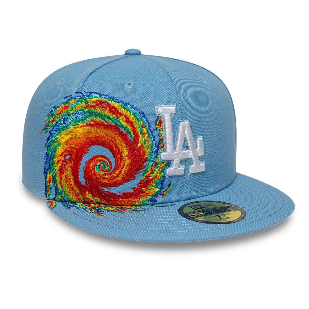 LA Dodgers MLB Storm Pattern Pastel Blue New Era 59FIFTY Fitted Cap, front view showing the white raised embroidered LA logo on the front panel, a multicoloured storm design on the right panel.