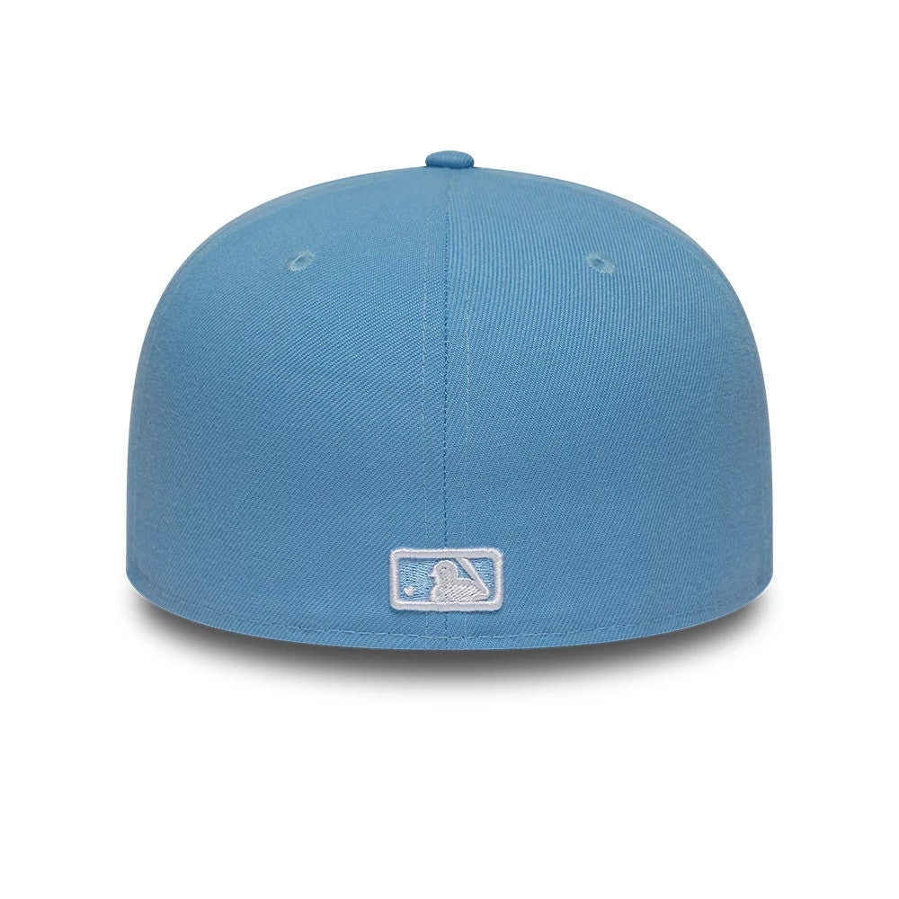 LA Dodgers MLB Storm Pattern Pastel Blue New Era 59FIFTY Fitted Cap, rear view showing the white embroidered MLB Batterman logo centred on the back panel, with matching pastel blue eyelets and a structured crown.