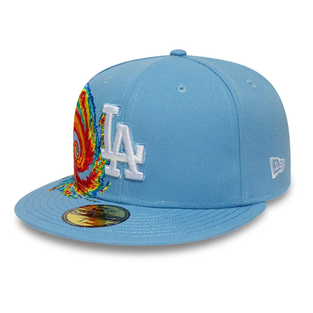 Pictured is this MLB Storm Pattern LA Dodgers 59FIFTY Fitted cap in pastel blue. 3
