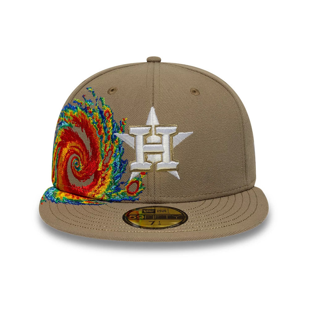 Houston Astros MLB Storm Pattern Beige New Era 59FIFTY Fitted Cap, front view showing a white and gold embroidered Astros logo on the structured beige crown, with a multicoloured storm graphic swirling across the right panel and visor.