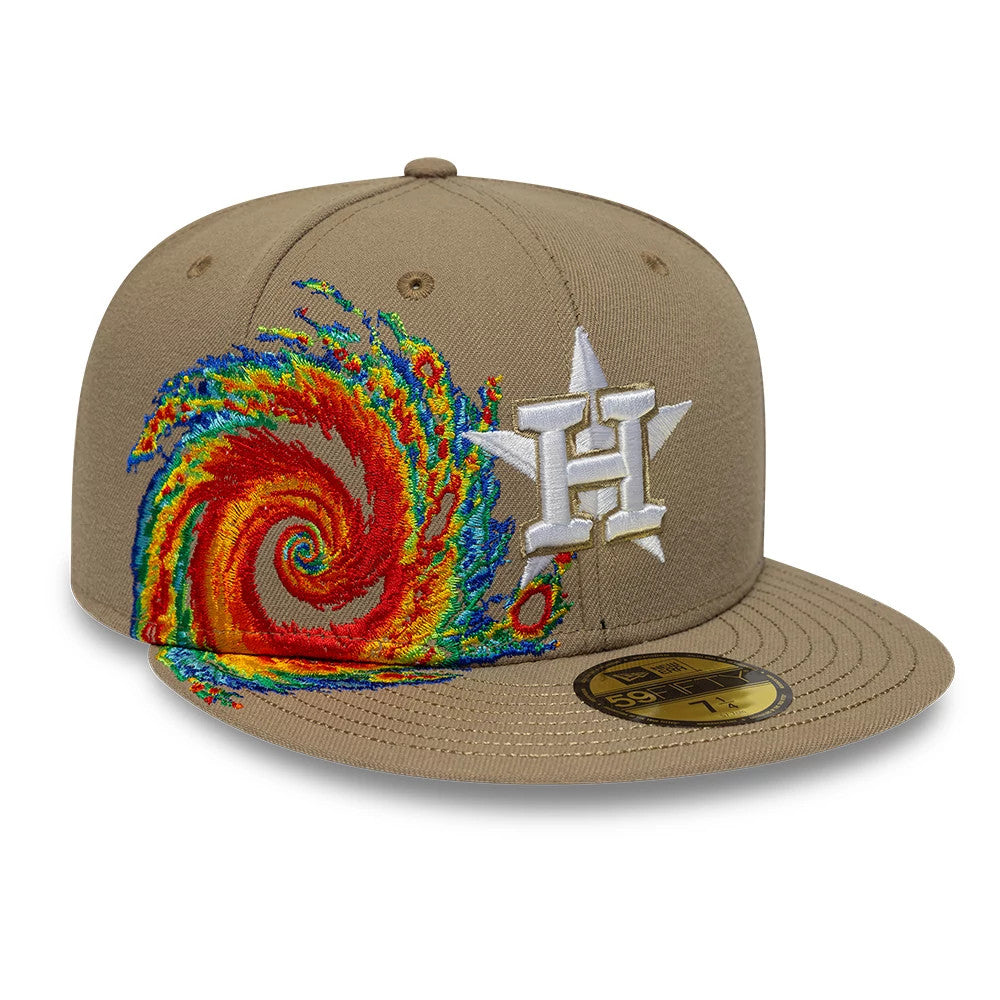 Houston Astros MLB Storm Pattern Beige New Era 59FIFTY Fitted Cap, front view showing a multicoloured storm graphic embroidered on the left front panel, the white and silver Astros logo on the right.