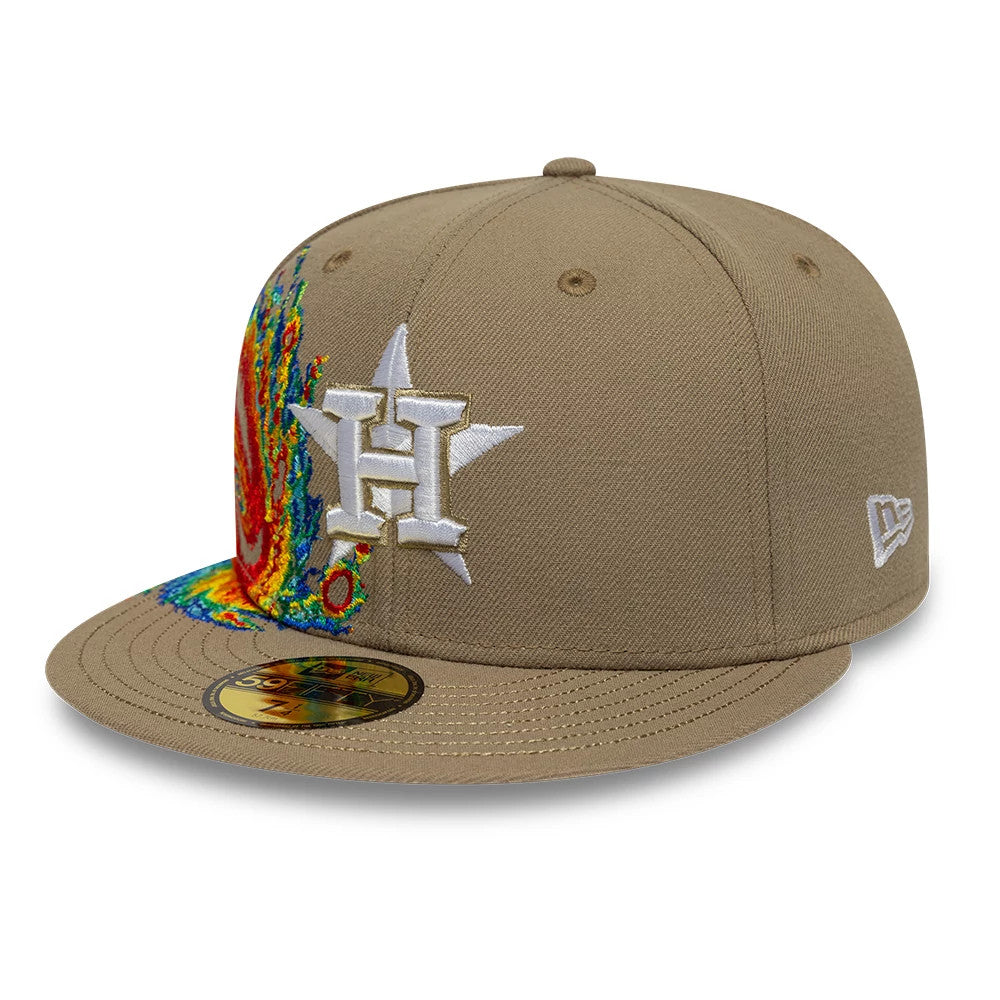 Houston Astros MLB Storm Pattern Beige New Era 59FIFTY Fitted Cap, three-quarter view showing white raised embroidery with a star and the H logo on the front panel, colourful storm pattern on the side.
