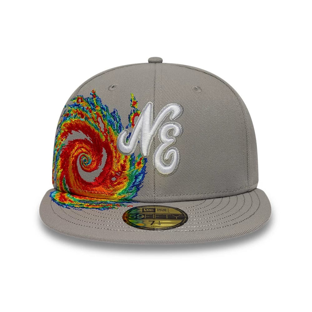 New Era Storm Pattern Grey 59FIFTY Fitted Cap, front view showing a multicoloured embroidered storm graphic on the left front panel, a raised white NE logo on the right front panel, and a gold 59FIFTY size sticker on the grey visor.