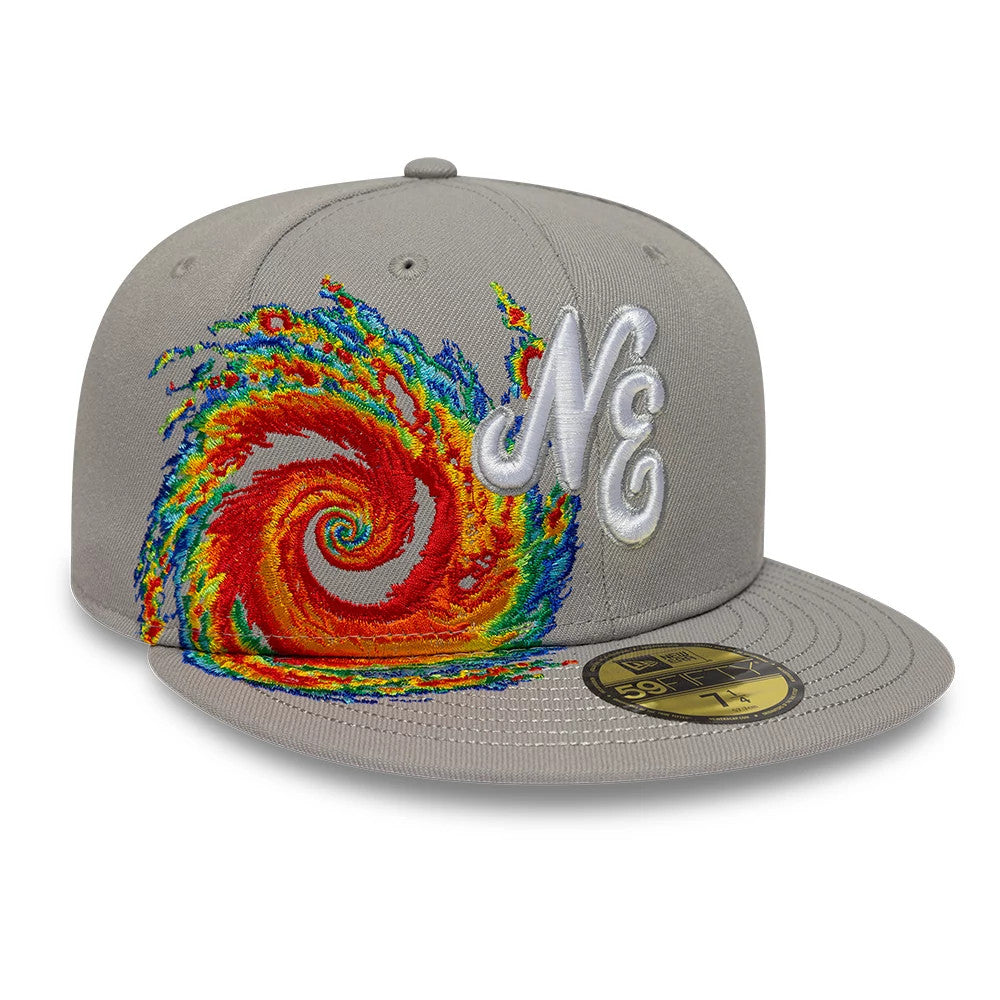 New Era Storm Pattern Grey 59FIFTY Fitted Cap, front view showing the intricate multicoloured storm pattern embroidery on the front left panel and a raised white NE logo, with a grey flat visor and a gold 59FIFTY size sticker.