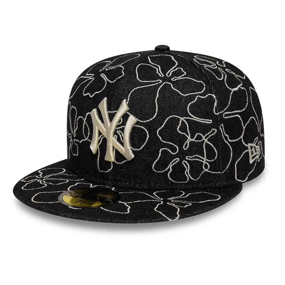 Pictured is this MLB Floral Denim New York Yankees 59FIFTY Fitted cap in black. 1