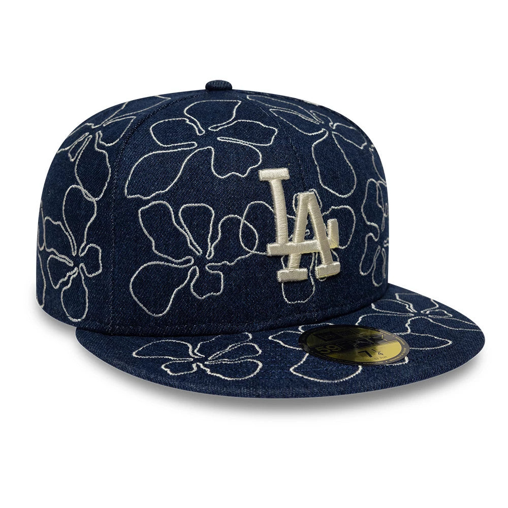 Pictured is this MLB Floral Denim LA Dodgers 59FIFTY Fitted cap in blue. 3