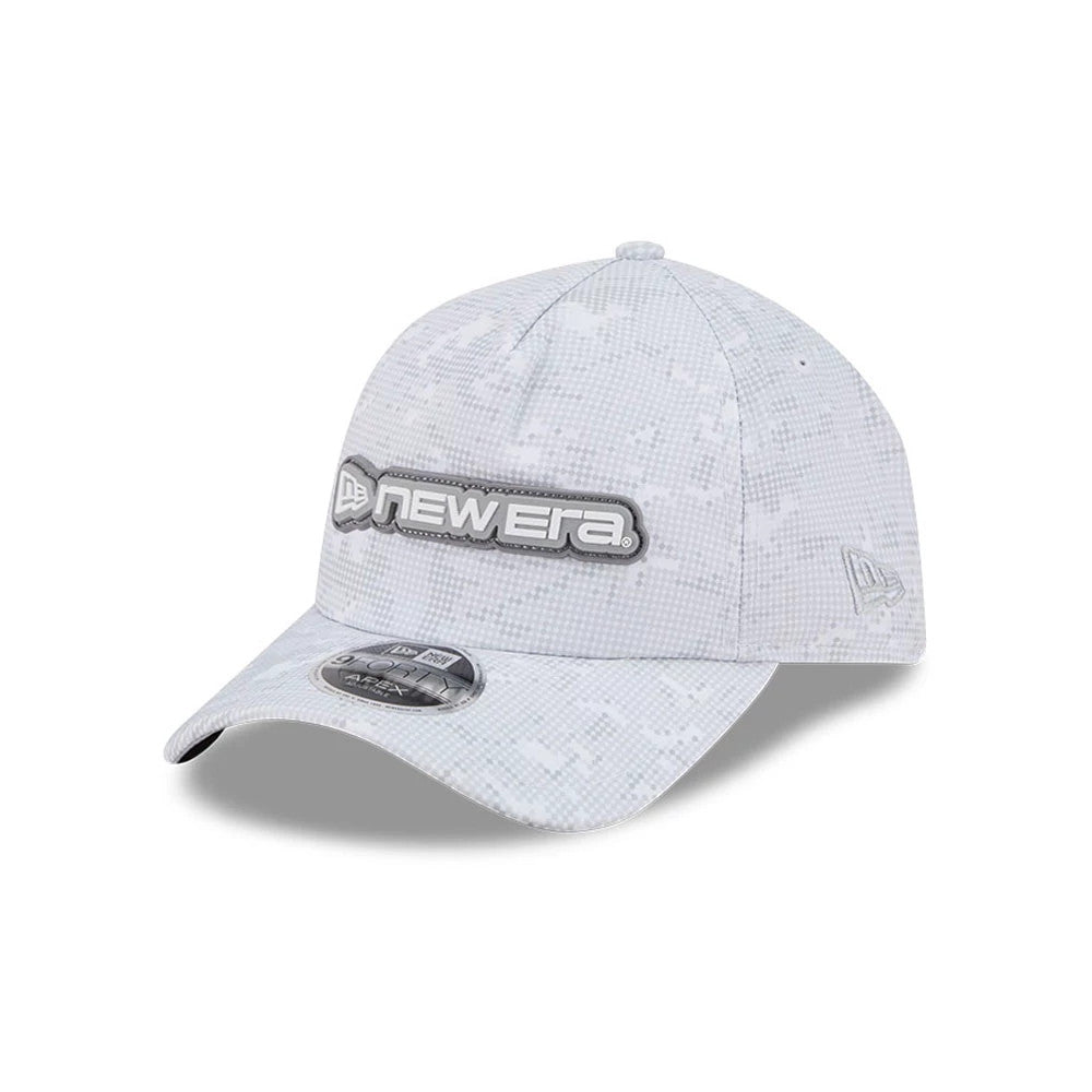 New Era Golf White Camo New Era 9FORTY Apex Adjustable Cap, three-quarter view showing a 3D embroidered New Era logo on the front panel, a curved visor with a 9FORTY size sticker, and an embroidered New Era flag logo on the left side.