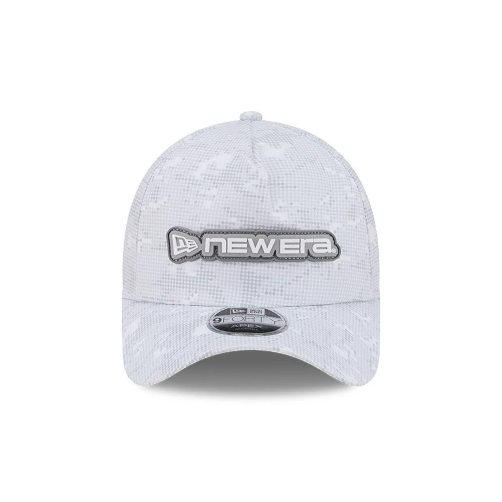 New Era Golf White Camo New Era 9FORTY Apex Adjustable Cap, front view showing the large raised silver and grey New Era logo on the structured white camo crown, with a curved visor and a 9FORTY size sticker on the centre.