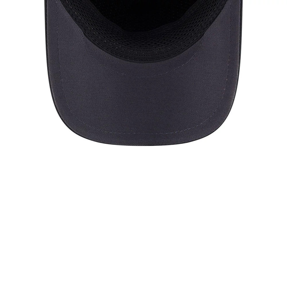 New Era Golf Black New Era 9FORTY Apex Adjustable Cap, inside view showing the structured black inner crown, fabric-lined sweatband, and a black undervisor, indicating a snug and comfortable fit.