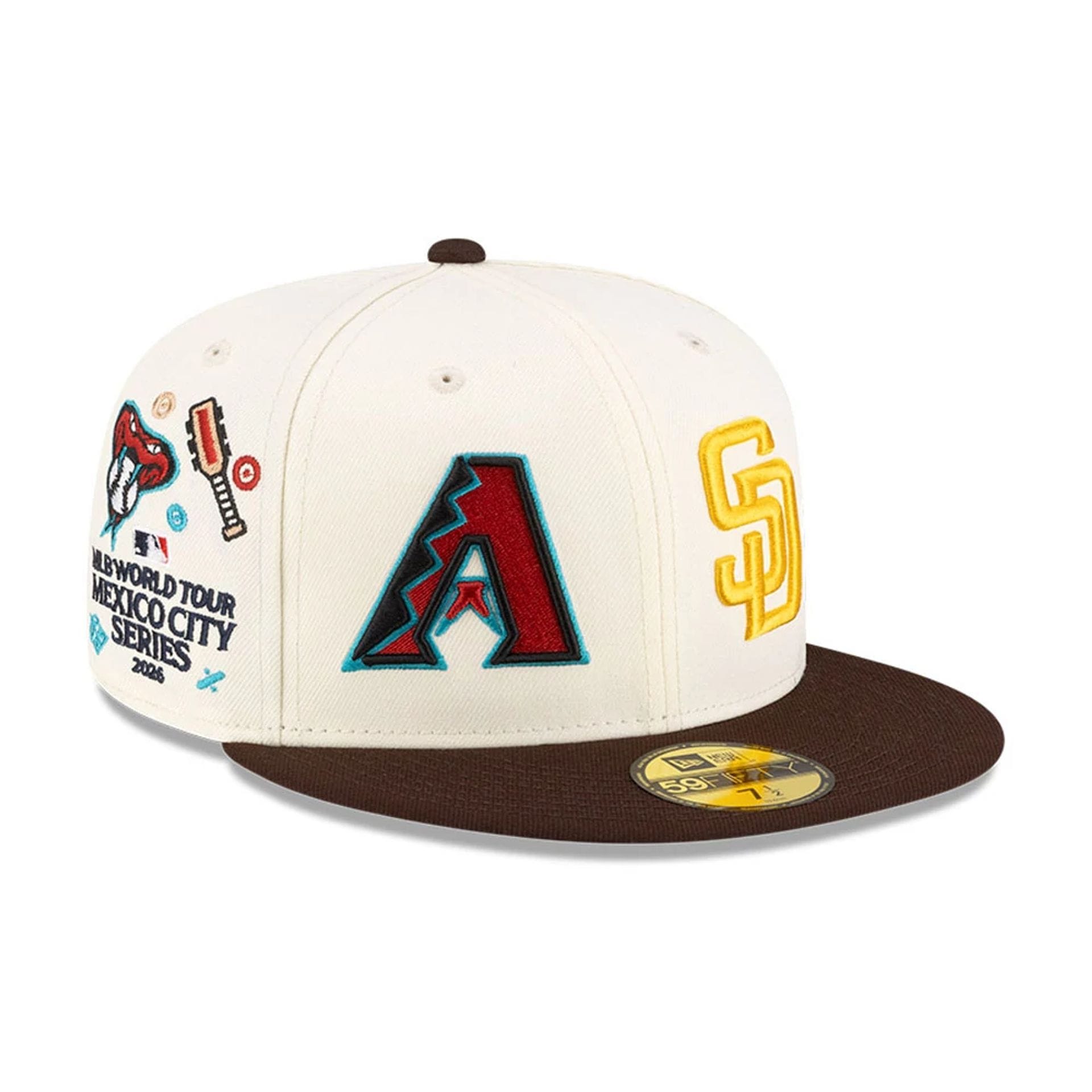 Pictured is this MLB Mexico City Series 2026 MLB All Over 59FIFTY Fitted cap in white. 1