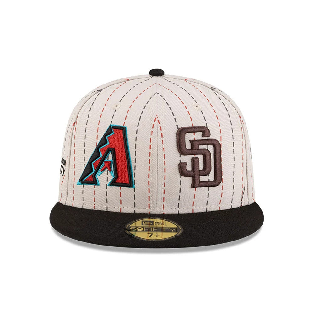 Pictured is this MLB Mexico City Series 2026 MLB Dueling League Logos 59FIFTY Fitted cap in light beige. 3