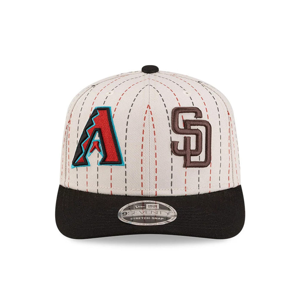 Dueling League MLB Mexico City Series 2026 Light Beige New Era 9SEVENTY Stretch Snap Adjustable Cap, front view showing raised embroidered A and SD logos on a pinstriped beige crown, with a contrasting black visor and a 9SEVENTY size sticker.