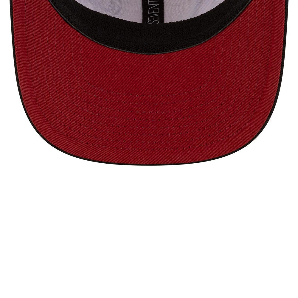 Dueling League MLB Mexico City Series 2026 Light Beige New Era 9SEVENTY Stretch Snap Adjustable Cap, inside view showing a red undervisor with black edge stitching and a black sweatband featuring the white 9SEVENTY logo on the taping.