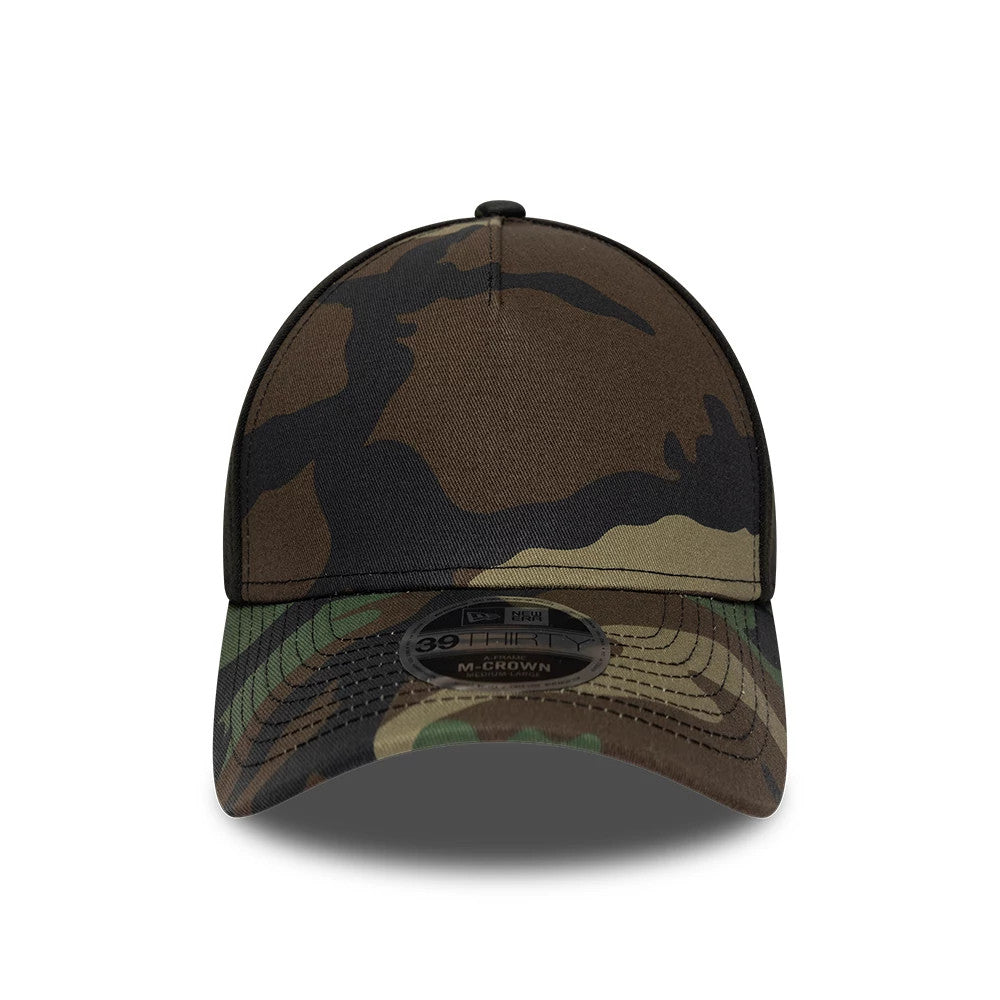 New Era Woodland Camo 39THIRTY M-Crown A-Frame Stretch Fit Cap, front view showing a structured camo crown with a matching camo visor, featuring a black 39THIRTY size sticker and a pattern of greens and browns.