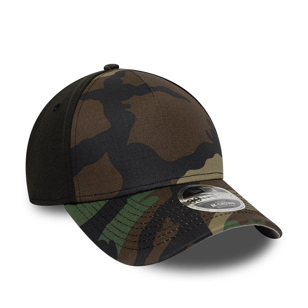 New Era Woodland Camo New Era 39THIRTY M-Crown A-Frame Stretch Fit Cap, three-quarter view showing the camo pattern on the structured crown, a black curved visor with a 39THIRTY size sticker, and a central raised front panel.