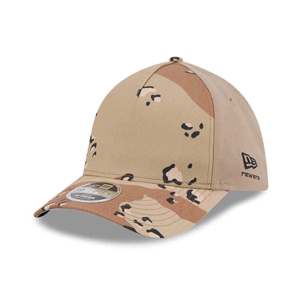 New Era 6 Day Camo New Era 39THIRTY M-Crown A-Frame Stretch Fit Cap, three-quarter view showing the camouflage pattern with a structured front panel, curved visor featuring a 39THIRTY size sticker, and a black New Era flag logo on the left side.