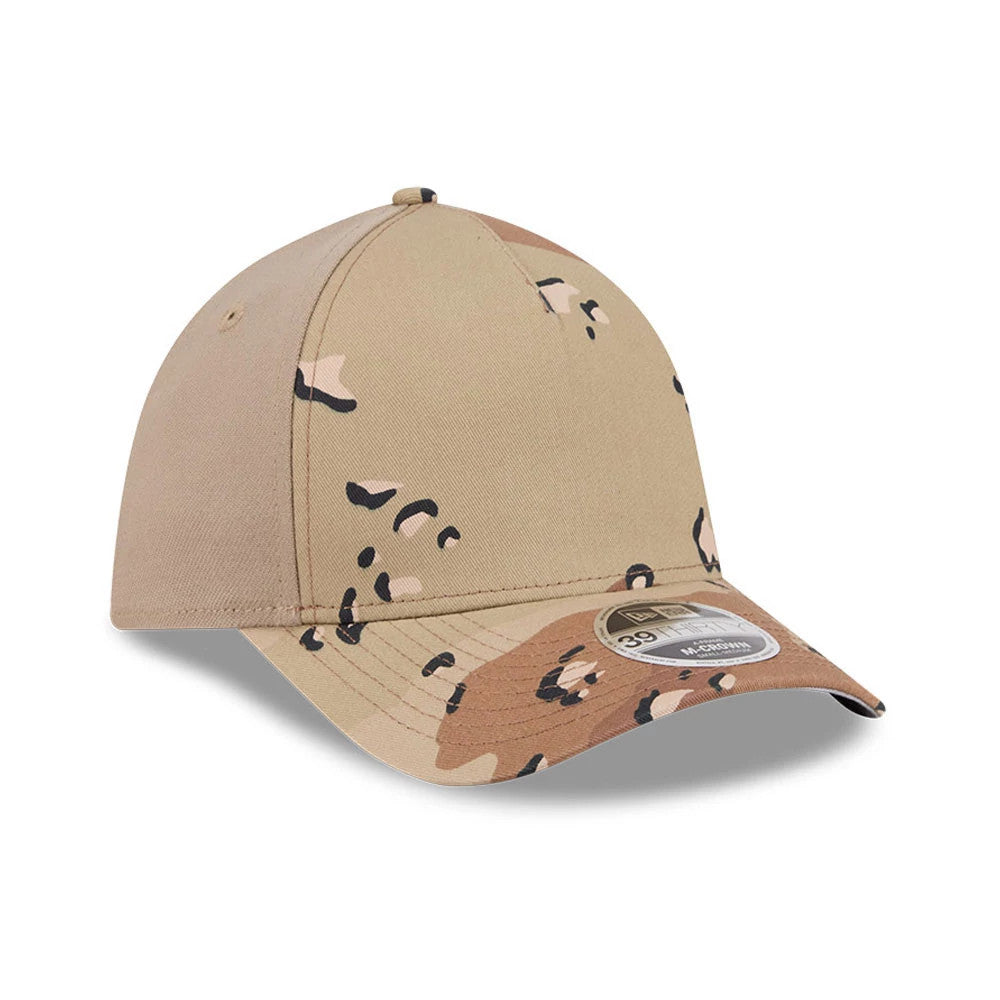 New Era 6 Day Camo 39THIRTY M-Crown A-Frame Stretch Fit Cap, three-quarter view showing the camo pattern across the structured front panel, a curved visor with a 39THIRTY size sticker, and the cap’s top button in matching camouflage.