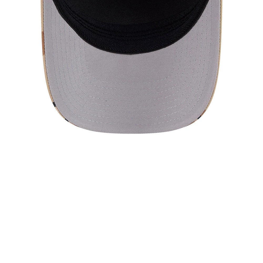 New Era 6 Day Camo 39THIRTY M-Crown A-Frame Stretch Fit Cap, inside view showing a light grey undervisor with stitching details, contrasted by a black sweatband surrounding the interior edge of the crown.