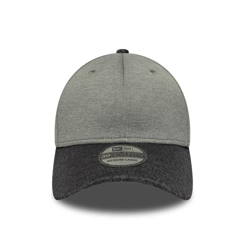 New Era 2 Tone Grey 39SEVENTY Stretch Fit Cap, front view showing the grey front panel and black curved visor, with a 39SEVENTY size sticker on the visor and matching grey embroidered eyelets and top button.