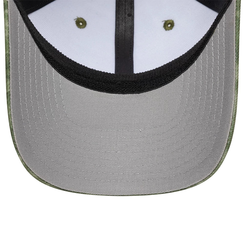 New Era Floral Green 39SEVENTY Stretch Fit Cap, inside view showing a grey undervisor with stitching, a black sweatband, and olive green taping with matching eyelets piercing the white inner panels of the cap.