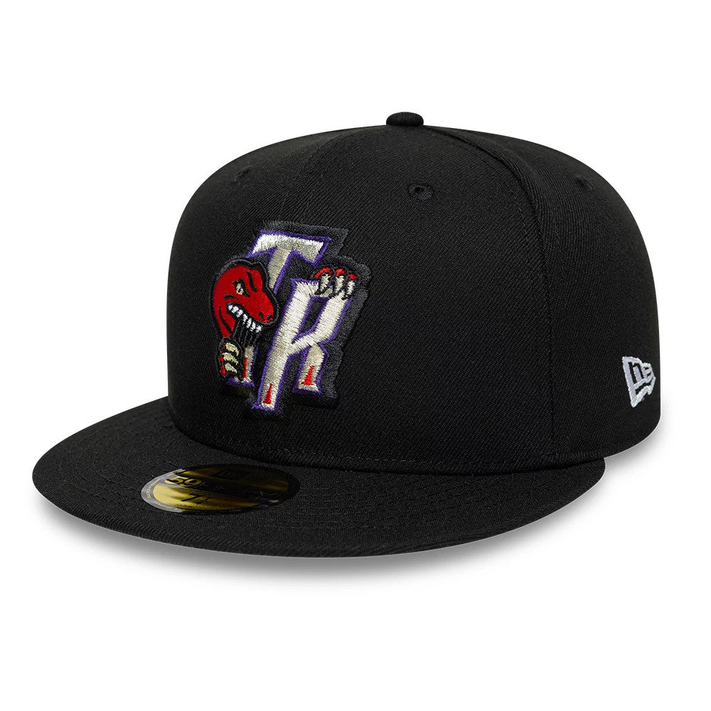 Toronto Raptors NBA Hardwood Classic Black New Era 59FIFTY Fitted Cap, three-quarter view showing the raised embroidered TR logo with a red raptor on the front panel, black flat visor with a gold 59FIFTY size sticker.