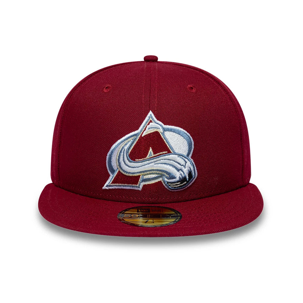 Colorado Avalanche NHL Basic Dark Red New Era 59FIFTY Fitted Cap, front view showing the large, raised embroidered Avalanche logo in white and blue on the structured dark red crown, with a flat visor and gold 59FIFTY size sticker.