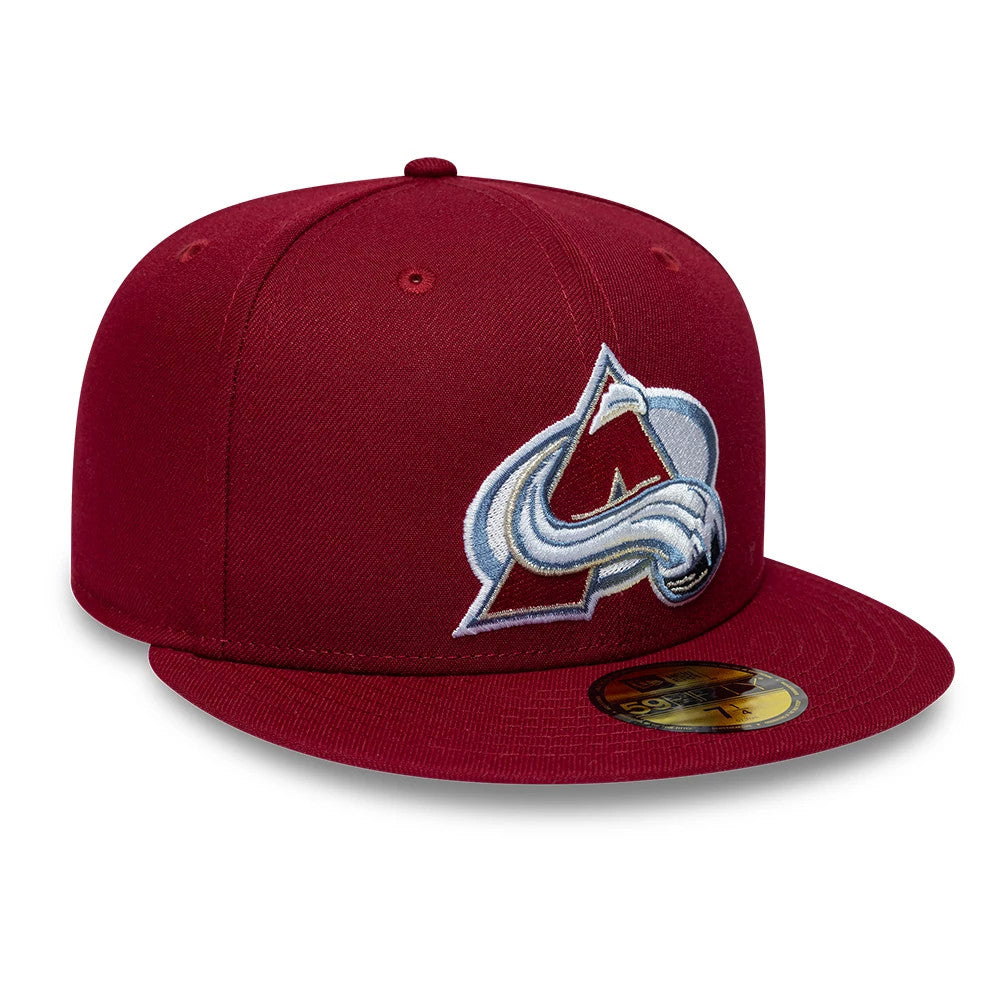 Colorado Avalanche NHL Basic Dark Red New Era 59FIFTY Fitted Cap, front view showing a raised embroidered Avalanche A logo in white and blue on the front panel, with a flat dark red visor and a gold 59FIFTY size sticker on the top of the visor.