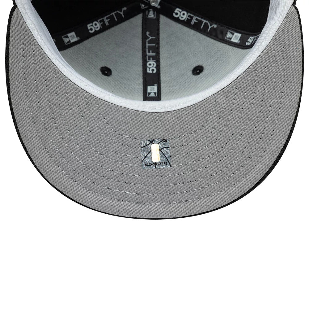 San Antonio Spurs NBA Hardwood Classic Black New Era 59FIFTY Fitted Cap, inside view showing the black 59FIFTY taping along the edges, grey undervisor with detailed stitching, and the white sweatband lining the interior of the structured crown.