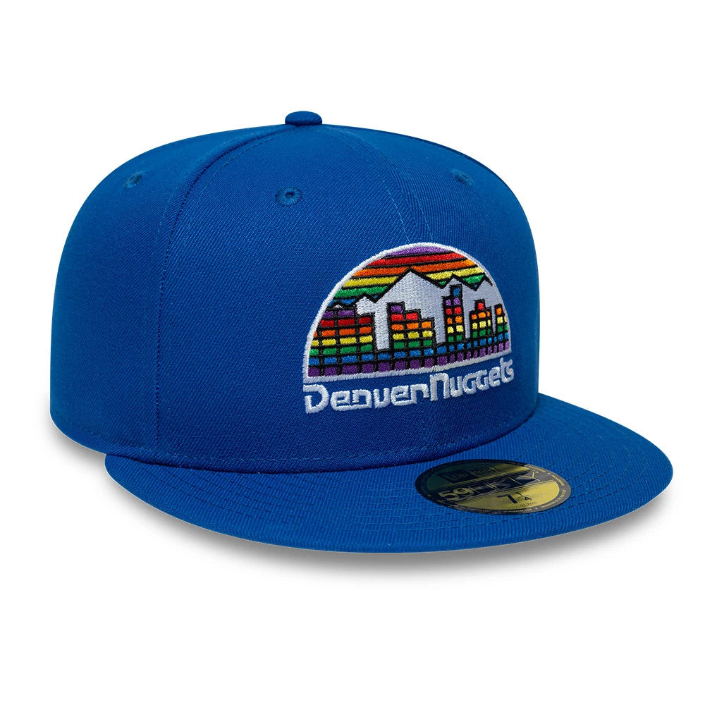 Denver Nuggets NBA Hardwood Classic Blue New Era 59FIFTY Fitted Cap, front view showing the multicoloured embroidered skyline logo on the structured blue crown, with a flat blue visor and a gold 59FIFTY size sticker on the visor.