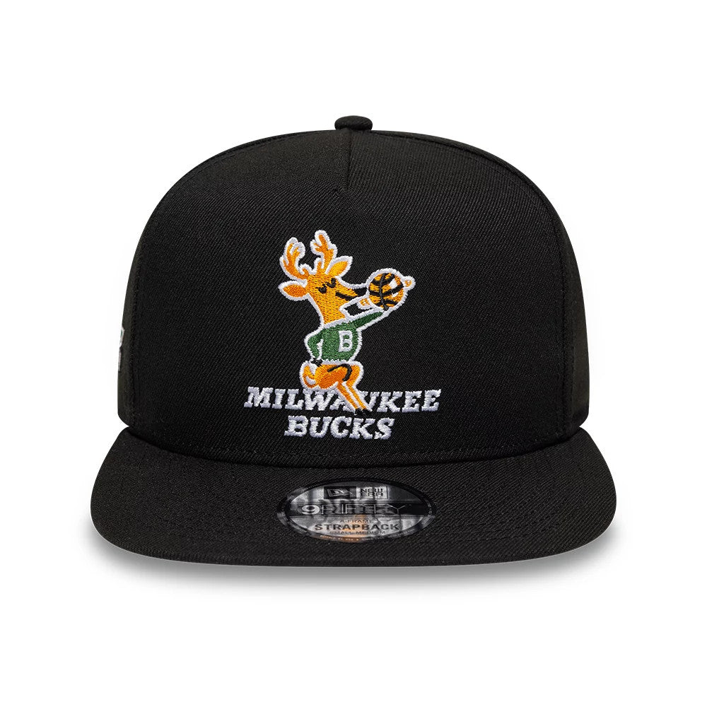 Pictured is this NBA Hardwood Classic Milwaukee Bucks 9FIFTY A-Frame Snapback cap in black. 3
