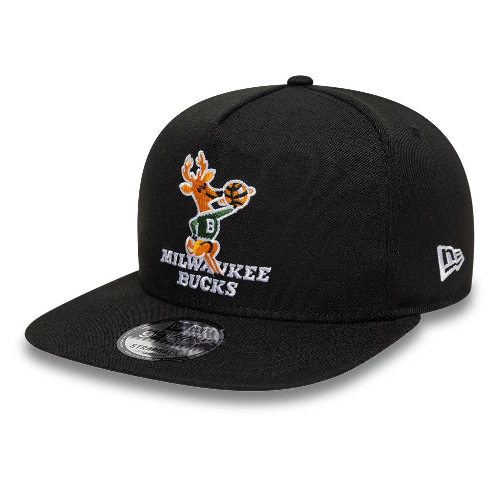 Pictured is this NBA Hardwood Classic Milwaukee Bucks 9FIFTY A-Frame Snapback cap in black. 4