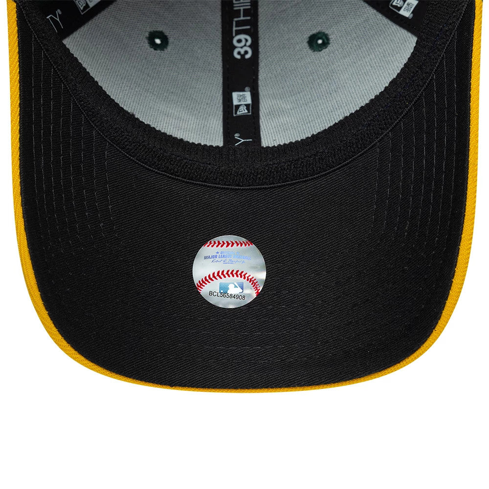 Athletics MLB Classic Dark Green New Era 39THIRTY Stretch Fit Cap, inside view showing the grey sweatband and taping, dark undervisor with a baseball graphic sticker, and green eyelets on the grey interior panels.
