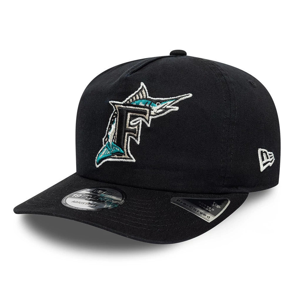Miami Marlins MLB Championship Black New Era 19TWENTY Adjustable Cap, front view showing the raised embroidered marlin logo in teal and white on the black front panel, with a curved visor and 19TWENTY size sticker on top.