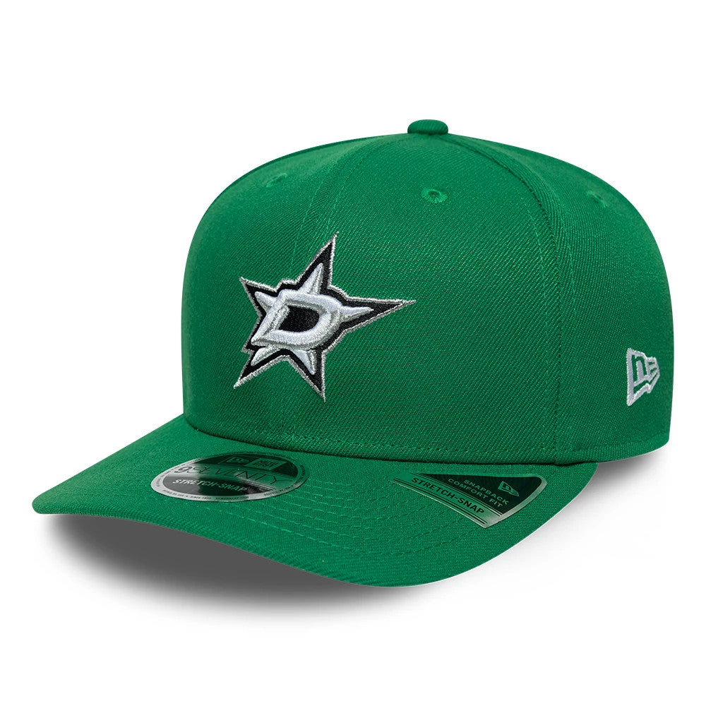 Dallas Stars NHL Team Green New Era 9SEVENTY Stretch Snap Adjustable Cap, three-quarter view showing the raised embroidered silver and black Dallas Stars logo on the front panel, a New Era flag logo on the left side.