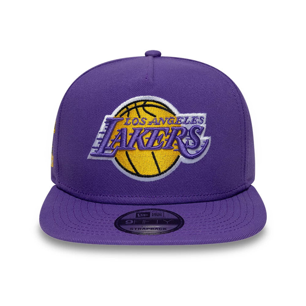 Pictured is this NBA Hardwood Classic LA Lakers 9FIFTY A-Frame Snapback cap in purple. 3