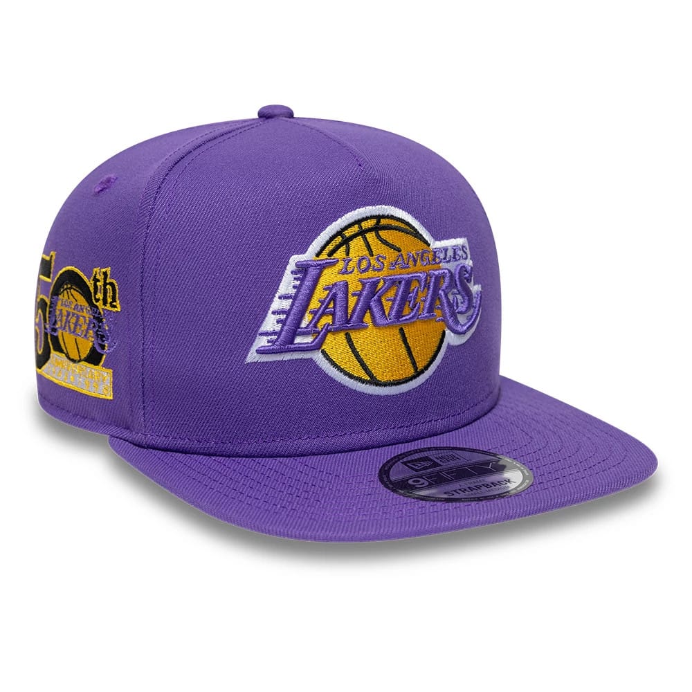 Pictured is this NBA Hardwood Classic LA Lakers 9FIFTY A-Frame Snapback cap in purple. 1