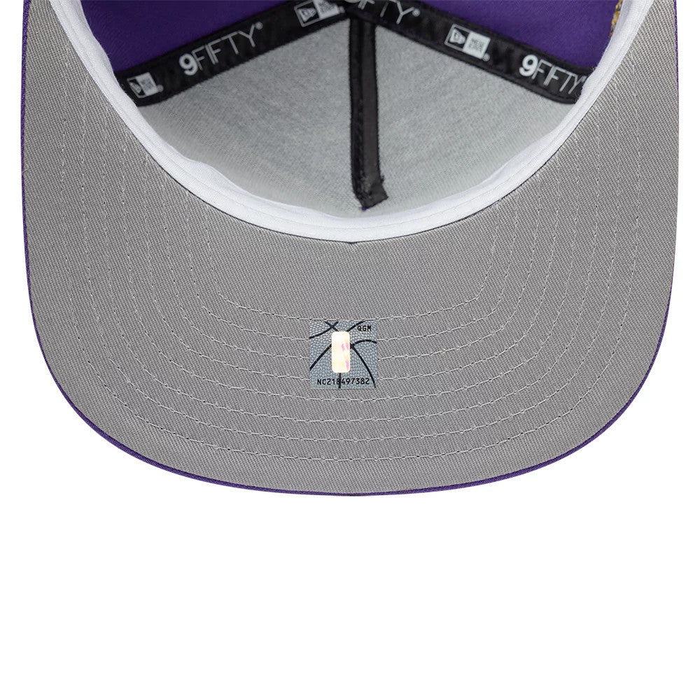 LA Lakers NBA Hardwood Classic Purple New Era 9FIFTY A-Frame Snapback Adjustable Cap, inside view showing a grey undervisor, black sweatband with white 9FIFTY lettering, and contrasting purple taping on the structured interior panels.