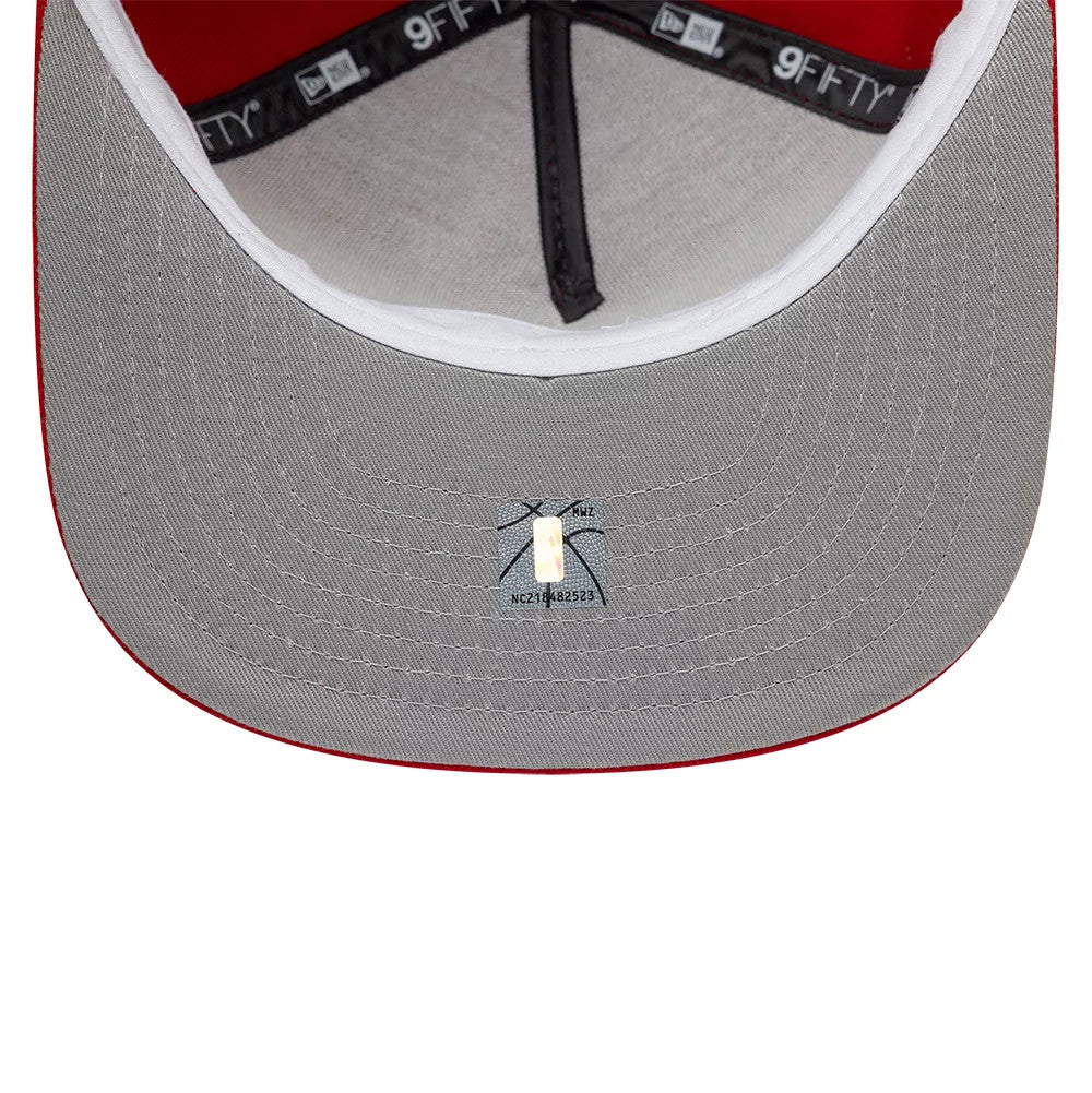 Houston Rockets NBA Hardwood Classic Red New Era 9FIFTY A-Frame Snapback Adjustable Cap, inside view showing grey undervisor with a holographic authentication sticker, black New Era and 9FIFTY taping around the inner crown, and white sweatband.