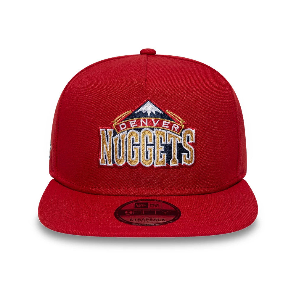 Denver Nuggets NBA Hardwood Classic Dark Red New Era 9FIFTY A-Frame Snapback Adjustable Cap, front view showing the embroidered Denver Nuggets logo with a mountain graphic on the dark red structured crown and a 9FIFTY size sticker on the visor.