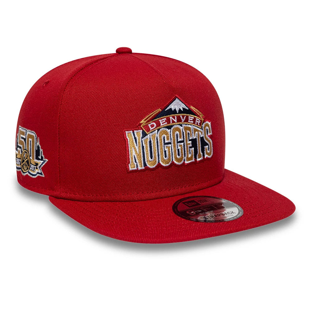 Denver Nuggets NBA Hardwood Classic Dark Red New Era 9FIFTY A-Frame Snapback Adjustable Cap, front view showing the Denver Nuggets raised embroidered logo in white, gold and black on the front panel with a curved red visor and 9FIFTY size sticker.