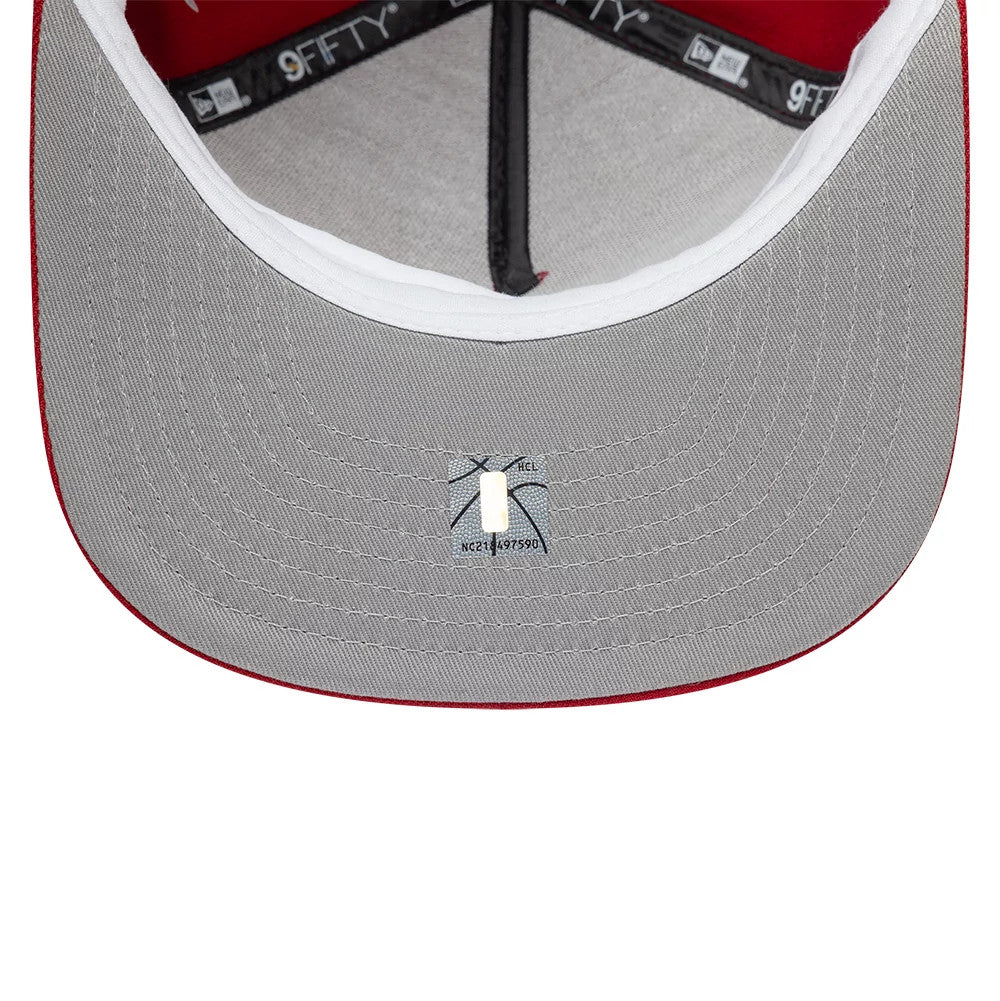 Denver Nuggets NBA Hardwood Classic Dark Red New Era 9FIFTY A-Frame Snapback Adjustable Cap, inside view showing the grey undervisor with a sticker, black taped seams with branding, and a contrasting white sweatband.