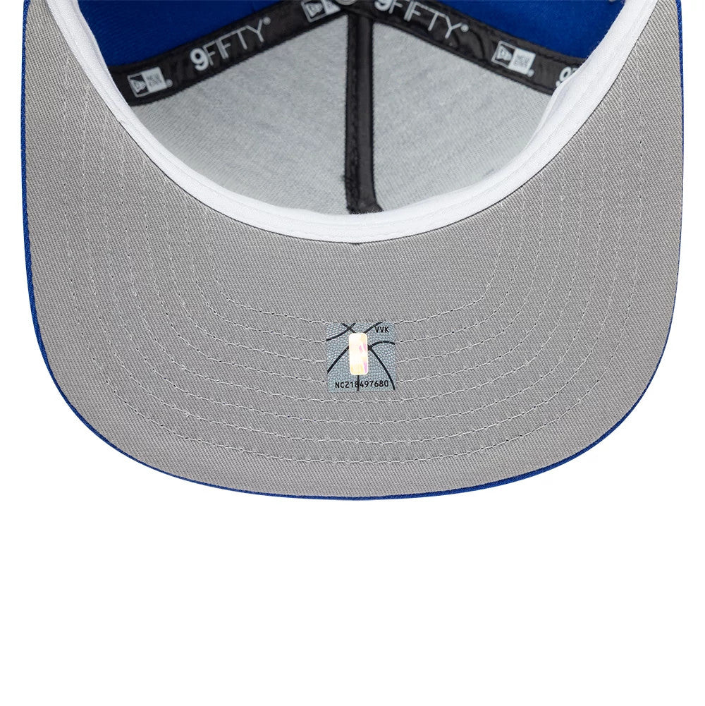 Golden State Warriors NBA Hardwood Classic Blue New Era 9FIFTY A-Frame Snapback Adjustable Cap, inside view showing the grey undervisor with a central sticker, black taping with white 9FIFTY branding, and a contrasting blue and white sweatband.
